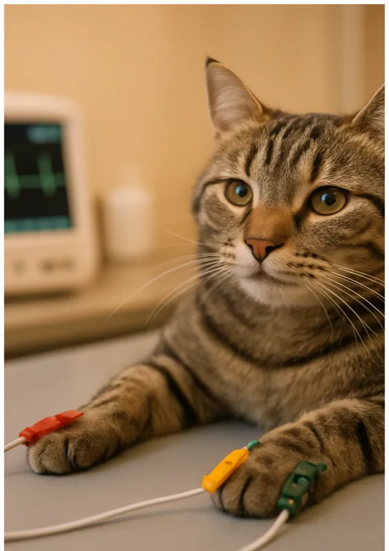Cat with ECG electrode clips on paws and heart monitor at Life Care Animal Clinic Pune