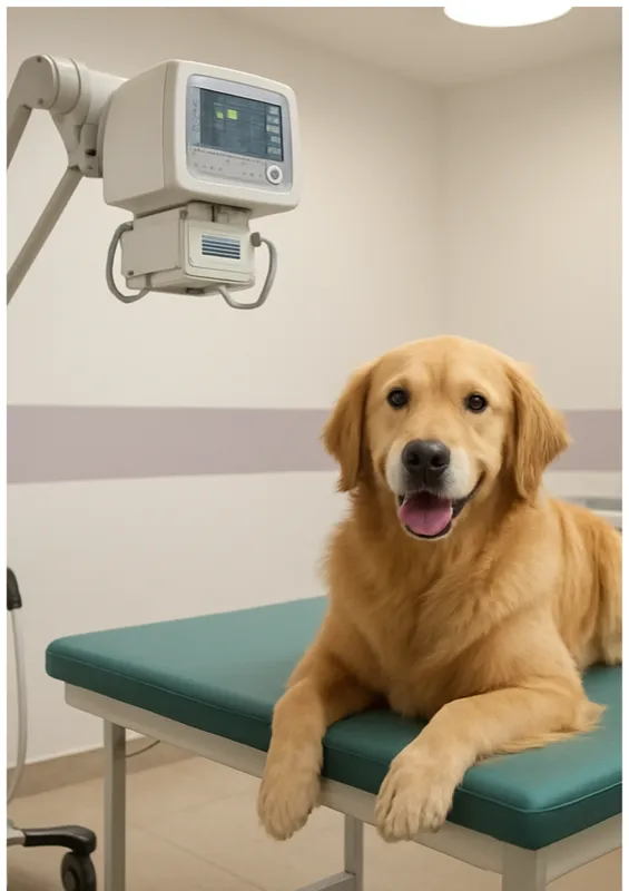 Golden retriever on examination table with portable X-Ray machine at Life Care Animal Clinic Pune